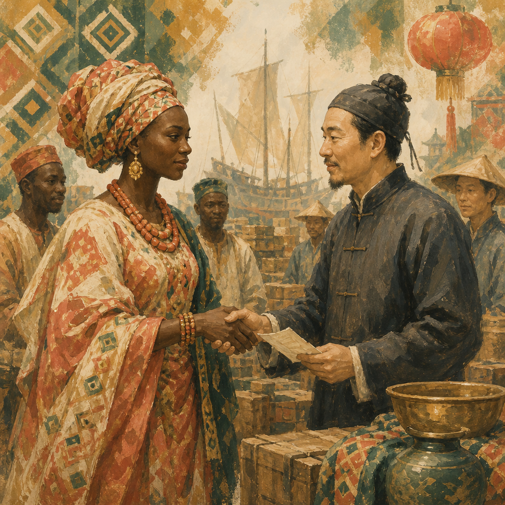 Painted scene of Liberian and Chinese trade partners meeting