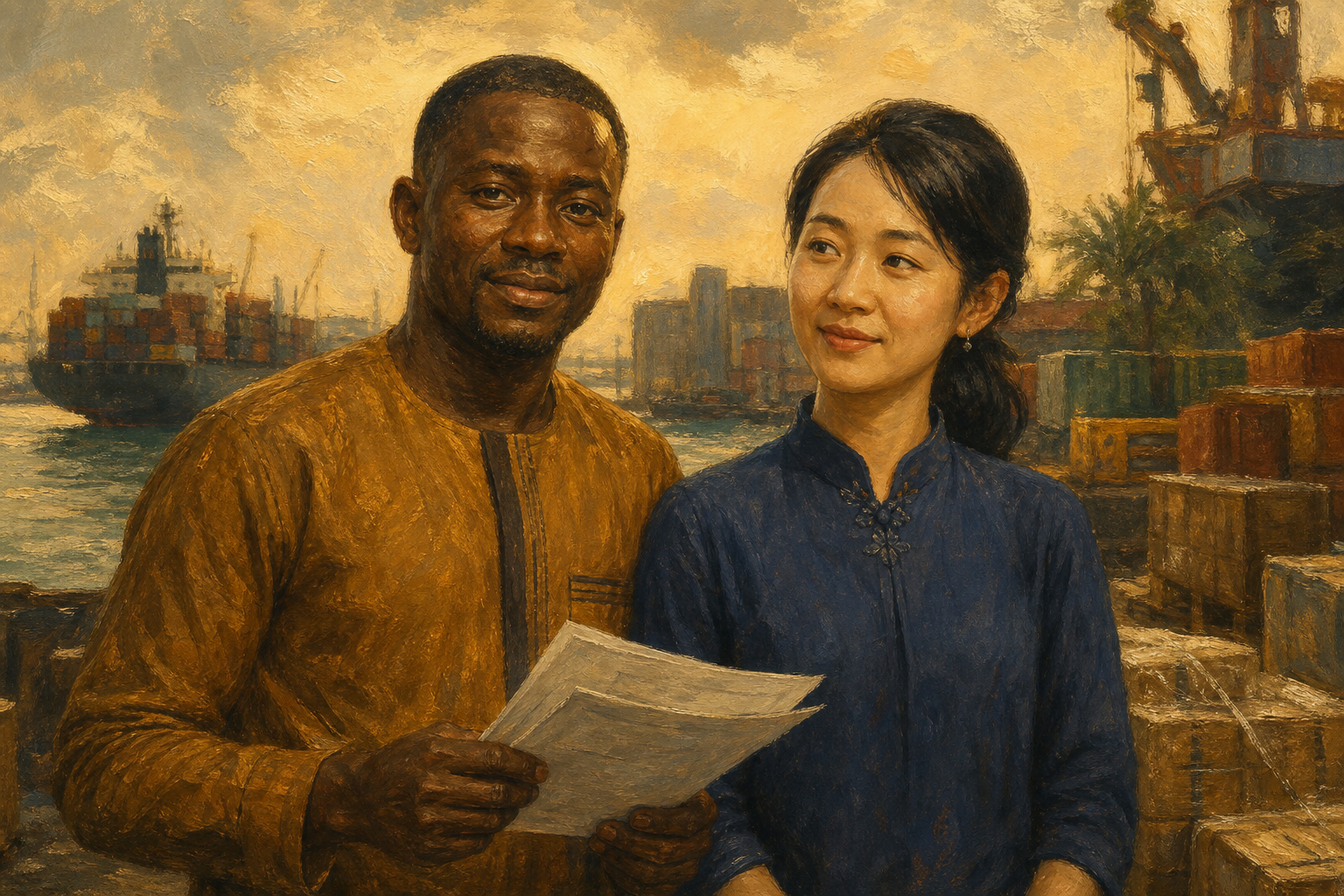 Painted portrait of Liberian and Chinese partners on the trade corridor